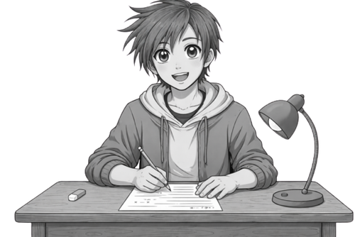 Chibi sitzt erfreut am Schreibtisch.