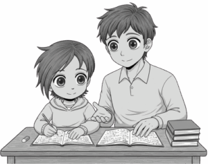 Chibi lernt mit Papa am Tisch