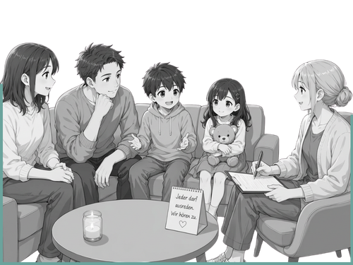 Chibi-Familie sitzt mit Therapeut zusammen.